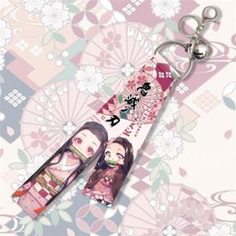 Keychains Demon Slayer Kimetsu No Yaiba Lanyards Keychain Anime Figures Webbing Silver Colour Bell Key Chain Backpack Hanging Orna2684