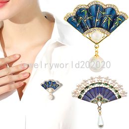 Vintage Women Blue Fan Brooch Rhinestone Pin Pearl Pendant Clothing Accessories Brooches Female Classical Jewellery
