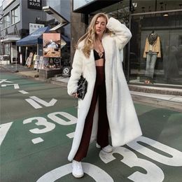 Women's Fur Faux Fur Solid Colour Faux Fur Coat Women Long White Fluffy Warm d Coat Hood Lapel Sashes Loose Korean Fashion Outerwear 231013