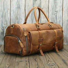 Duffel Bags Real Leather Travel Bag With Shoe Pocket 20 Inch Big Capacity Cow Weekend Luuage Large Shoulder