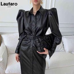 Lautaro Autumn Long Soft Black Faux Leather Shirt Dress Belt Puff Long Sleeve Buttons Elegant Luxury Stylish Dresses for Women G12261W