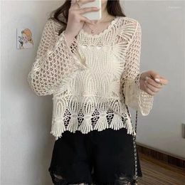 Women's Sweaters Hollow Out Pullovers Women Solid Bohemian Summer Thin Sun-proof Loose Vintage Casual Long-sleeve Literary Korean Style