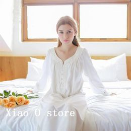 Cotton Nightgown Vintage Royal Sleepwear Long-sleeve Women Nightwear White Pink Nightdress Comfortable fabrics 278Z