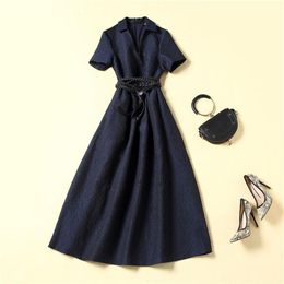 2023 Autumn Lapel Neck Belted Dress Blue Solid Colour Short Sleeve Mid-Calf Dresses 22A081603199N