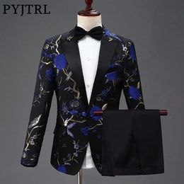 PYJTRL New Design Mens Stylish Embroidery Royal Blue Green Red Floral Pattern Suits Stage Singer Wedding Groom Tuxedo Costume CJ19320y