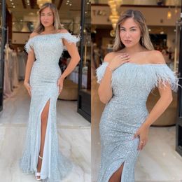 Light Blue Mermaid Prom Dresses Feathers Off Shoulder Sequins Evening Split Formal Long Special Ocn Party Dress