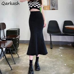 Skirts Trumpet Midi Women Elegant Soft Ruffles Vintage Designed Chic Sexy Slim Elastic Denim High Waist Faldas Pure OOTD