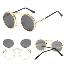 Sunglasses Round Frame Steampunk Flip UP For Women Men Fashion Design Gothic Punk Metal Sun Glasses Classic Retro Eyewear Mirror