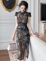 Basic Casual Dresses Vintage Sexy Chinese Style Qipao Womens Black Lace Folds Ruffle Slit Robe Femme Party Prom Improved Cheongsam Runway Dress 2024