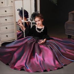 New Long Sleeves Little Girls Pageant Dress Satin Black Veet Mother And Flower Girl Dresses For Teens Formal Holy Communion Birthday Party Princess Gown 403