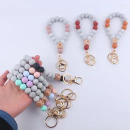 Keychains Simple 8Color Silicone Wooden Beaded Keychain Women Bracelet Pendant Keyring For Alloy Ring Key Chain Jewellery Supplies Gifts