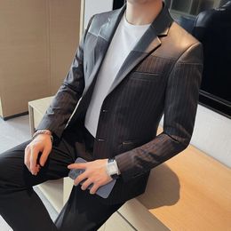 Men's Suits 2023 Style Men Spring High Quality Leather Jacket/Male Slim Fit Stripe Business Blazers/Man Casual Tuxedo 4XL