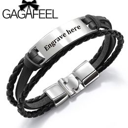 GAGAFEEL 4 Colours Custom Engrave Bangle For Men Punk Multilayer Bracelet Stainless Steel PU Leather Bangle Special Gift For Male269O