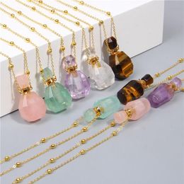 Natural gems stone perfume bottle necklace Essential Oil Diffuser Pendant Tiger Eye amethysts heart shape jewelry charm309Q