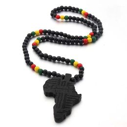 Pendant Necklaces Black Wood Round Beads Handmade Elastic Africa Map Engraved DIY Vintage African Women Party Hiphop Rock Jewelry1249f