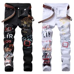 High Street Fashion Mens Jeans Night Club Black White Color Personal Designer Printed Jeans Men Punk Pants Skinny Hip Hop237S