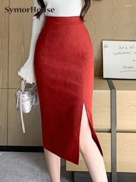 Skirts 2023 Autumn Winter Women Suede Midi Pencil Skirt High Waist Black Ladies Office Work Sexy Split Wrap -Hips Female