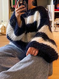 Womens Sweaters Mohair Stripe Knit Oneck Womens Pullovers Lantern Sleeve Oversized Loose Sweater Autumn Basic Chic Casual Office Knitwear 231013