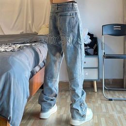 Men's Jeans Y2K Streetwear Vintage Embroidered Low Rise Baggy Pocket Button Grunge Denim Pants Blue For Men Women Plus Size C209c