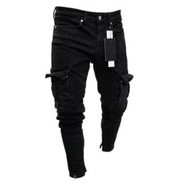 Men's Jeans 2021Fashion Black Jean Men Denim Skinny Biker Destroyed Frayed Slim Fit Pocket Cargo Pencil Pants Plus Size S-3XL209C