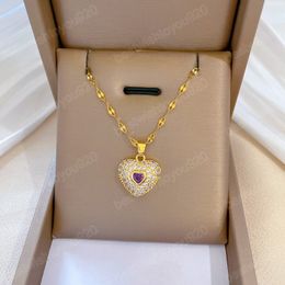 Purple Cubic Zirconia Heart Shape Necklace for Women Stainless Steel Link Chain Crystal Pendant Banquet Wedding Jewellery Gifts