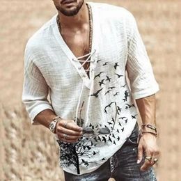 Men's T Shirts Stylish Men Shirt Lightweight Front Lace Up Top V Neck Printed Casual T-shirt Skin-friendly