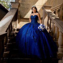 Navy Blue Shiny Quinceanera Dress Ball Gown Off The Shoulder Applique Lace Beads Corset Pageant Sweet 15 Party Vestidos De XV Anos