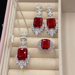 Women Wedding Jewellery Set Simulated Ruby red Crystal zircon Diamond Ring Pendant Necklace Earrings studs Party Birthday Gift