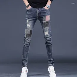 Men's Jeans Fashion Ripped Patchwork Men Casual Blue Slim Fit Straight Pants Streetwear Striped Patch Denim Trousers