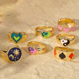 Cluster Rings Y2K Jewellery Gold-plated Moon Sun Heart Yin Yang Ring For Women Vintage Punk Fashion Poker Charms 90s Aesthetic332N