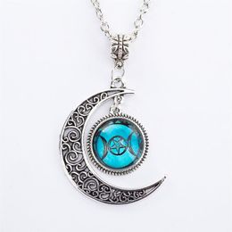 Silver Chain Triple Moon Goddess Pendant Black Wiccan Jewellery Moon Goddess Necklace Glass Dome Pentagram Choker Necklaces Women2066