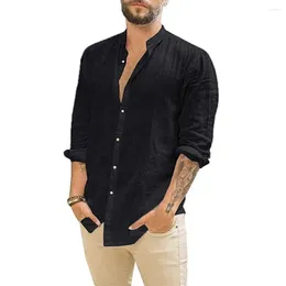 Men's Casual Shirts 2023 Cotton Linen Shirt Autumn Long-Sleeved Summer Solid Colour Stand-Up Collar Beach Style Plus