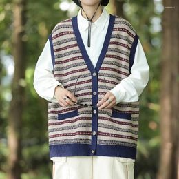 Men's Vests Autumn Ethnic Style Striped Knitted American Causal Loose High Street Cardigan Sweaters Jacket Overcoat Male Clothes