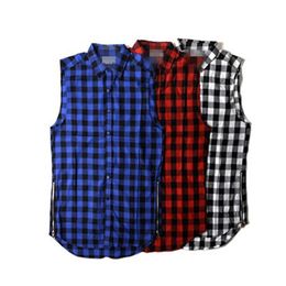 Whole-Tyga L K Hip hop gold side zipper oversized plaid flannel shirt tee men casual zippper red plaid tartan last king Tee sh2918