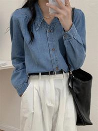 Women's Blouses Spring Autumn Denim Shirt Women Turn-down Collar Single-breasted Long-sleeved Blouse Casual Fashion Slit Blue Jean Top