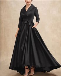 Elegant Long High-Low Satin Mother Of The Bride Dresses Asymmetrical Plus Black V-Neck Groom Mother Dresses With Pockets La madre del vestido de novia for Women