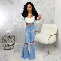 Women's Jumpsuits & Rompers Tsuretobe Casual Flare Ripped Denim Jumpsuit Women Fashion Wide Leg Pant Romper Spaghetti Strap O260t