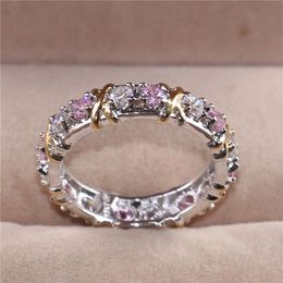 Lady's 925 Sterling Silver pink Tanzanite Couple rings Yellow Gold Cross Eternal Band Wedding Ring for Women Jewellery size 5-1263u