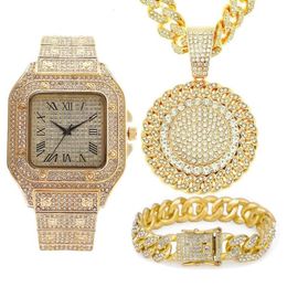 Chains 3pcs Iced Out Necklace Bracelet Watches Rhinestone 13MM Miami Cuban Pandents Bling Gold Watch For Men Jewellery Set315K