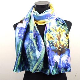 1pcs Yellow Blue Lily Flower Scarves Satin Oil Painting Long Wrap Shawl Beach Silk Scarf 160X50cm2472