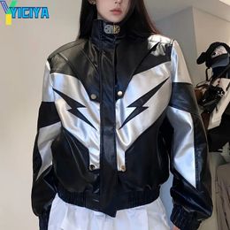 Women's Leather Faux Leather YICIYA jacket bomber black women varsity outerwear leather Jackets lightning American y2k racing oversize baseball Jacket 231013