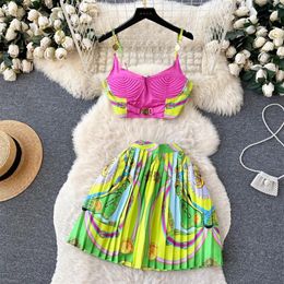 Two Piece Dress Summer Holiday Baroque Two Piece Set Women Short Spaghetti Strap Simple Metal Crop Top Chain Print Mini Pleated Sk279d