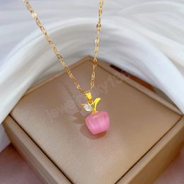 316L Stainless Steel Korean Fashion Nature Stone Apple Necklace Gold Plated Fruit Pendants Clavicle Female Chain Jewelry