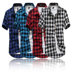 Red Black Plaid Shirt Men Shirts Summer Fashion Chemise Checkered Shirts Short Sleeve Shirt Men Blouse279L