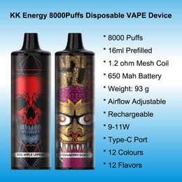 new vape disposable puff e cigarette KK energy 8000 puffs disposable vape pre-filled 16ml pod mesh coil 12 flavors vapes airflow adjustable rechargeable vapor pen