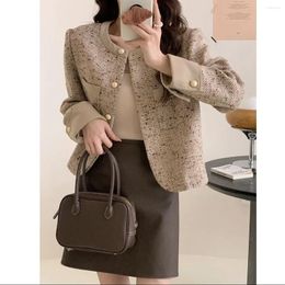 Women's Jackets Elegant Plaid Women Blazer Pocket Cropped Jacket Autumn Winter Female's Causal Tweed Coat Office Ladies Single Breasted Suit