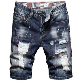 Men's Jeans 2021 Summer Brand Clothing Trend Fashion Straight Denim Shorts Classic Pockets Torn Hole Paint Print Youth Cotton279Q