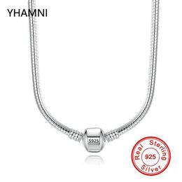 YHAMNI Original 925 Solid Silver Snake Chain Necklace Secure Ball Clasp Beads Charms Necklace For Women Wedding Gift Jewellery N005305l