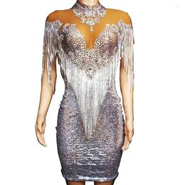 Stage Wear Shining Silver Rhinestones Tassel Sequins Sexy Women Dress Latin Jazz Dance Costume Nightclub Party Evening Clothing