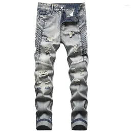 Men's Jeans Streetwear Male Casual Ripped Light Blue Embroidery Denim Trousers Men Straight Slim Long Motorcycle Holes Pants